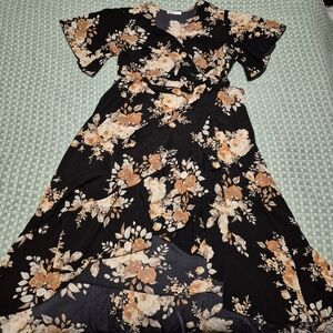 Black and Orange Floral Wrap Dress